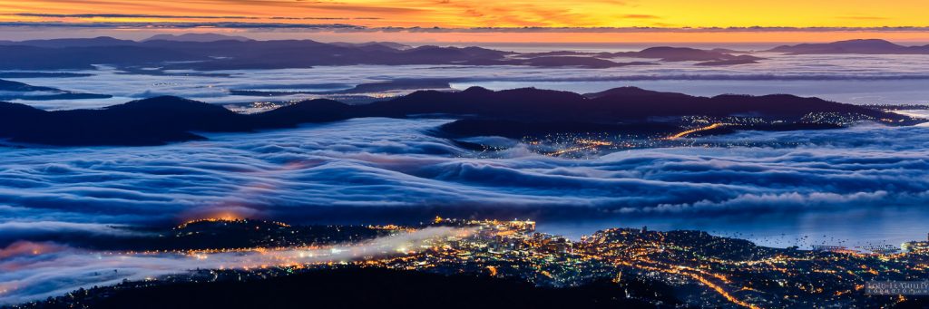 Hobart dawn with fog from Mt Wellington